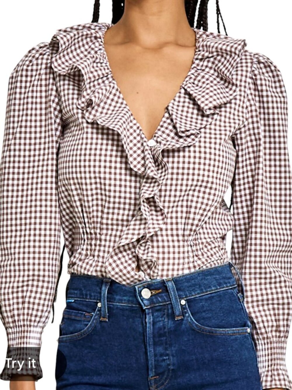 Kourt Chandler Brown White Gingham Ruffle Cotton Top NWT Size 6